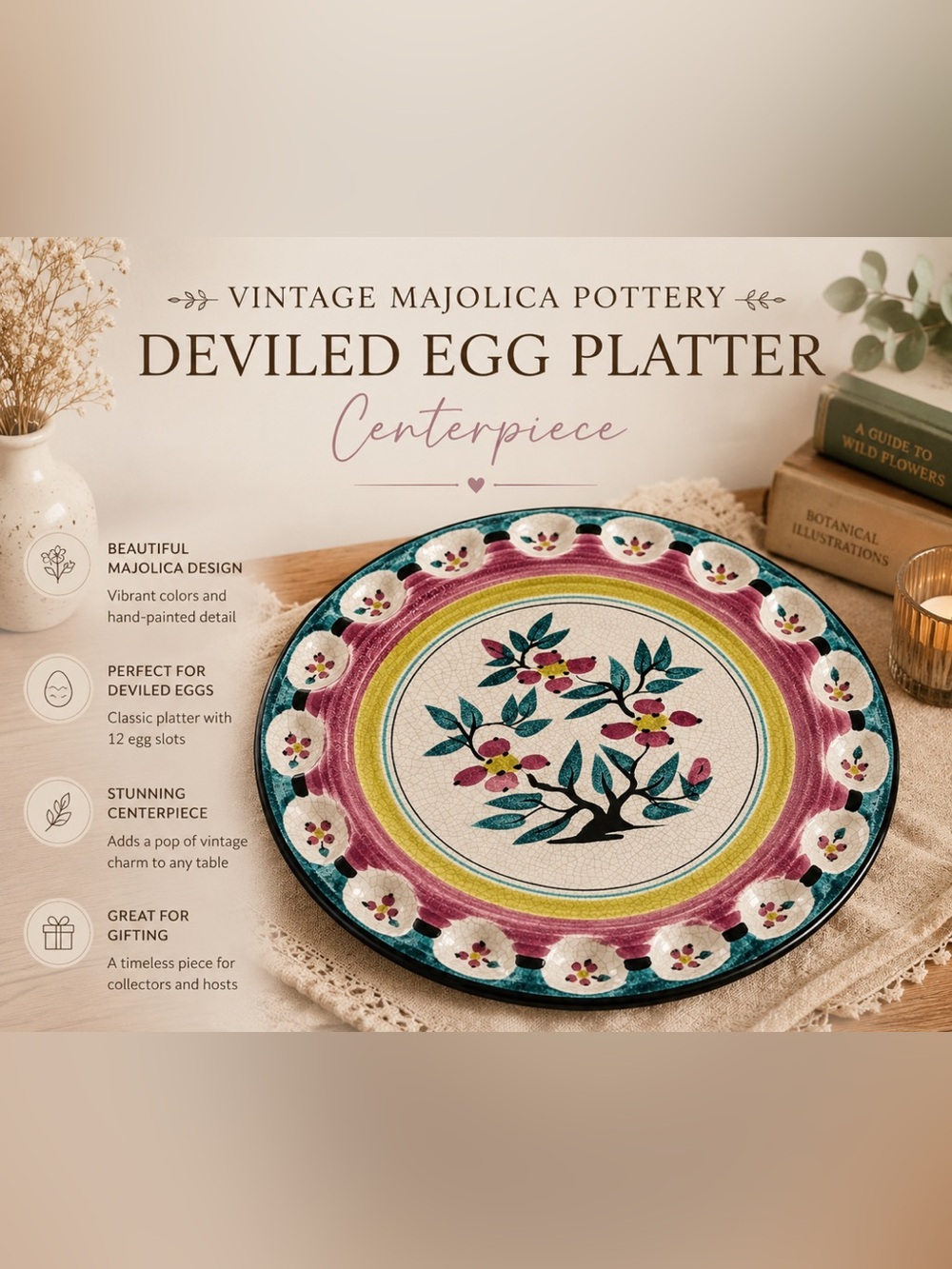 Vintage Majolica Pottery Deviled Egg Platter Centerpiece